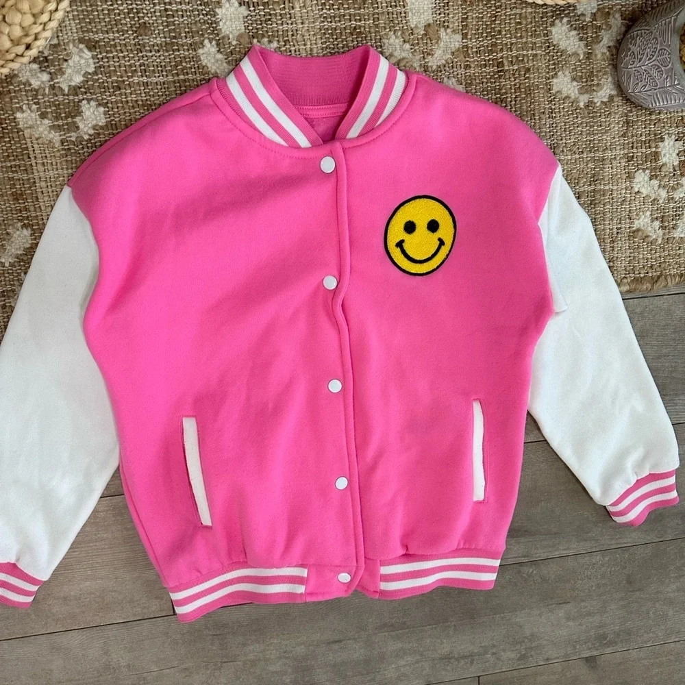 Boutique Girl’s Pink and White Varsity Jacket with Smiley Patch Size XL